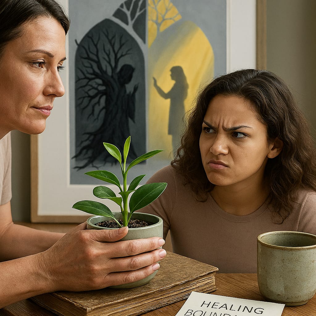 Dos mujeres compartiendo una planta, simbolizando el proceso de sanación y cuidado emocional en la psicoterapia.